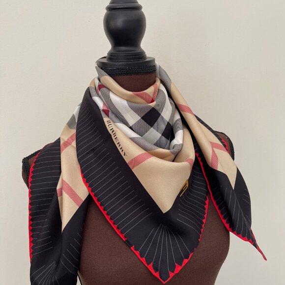 NWT Burberry Scarf Logo Iconic Beige Check Black Red Border Silk Wrap - Picture 11 of 13